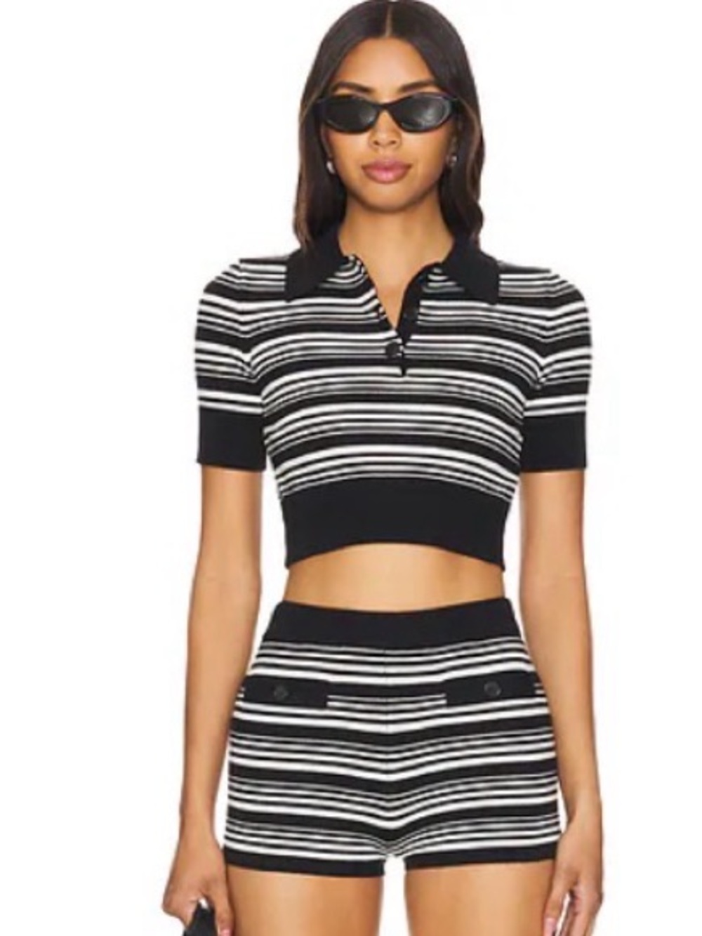 Lovers + Friends Black & White Striped Cropped Polo Top